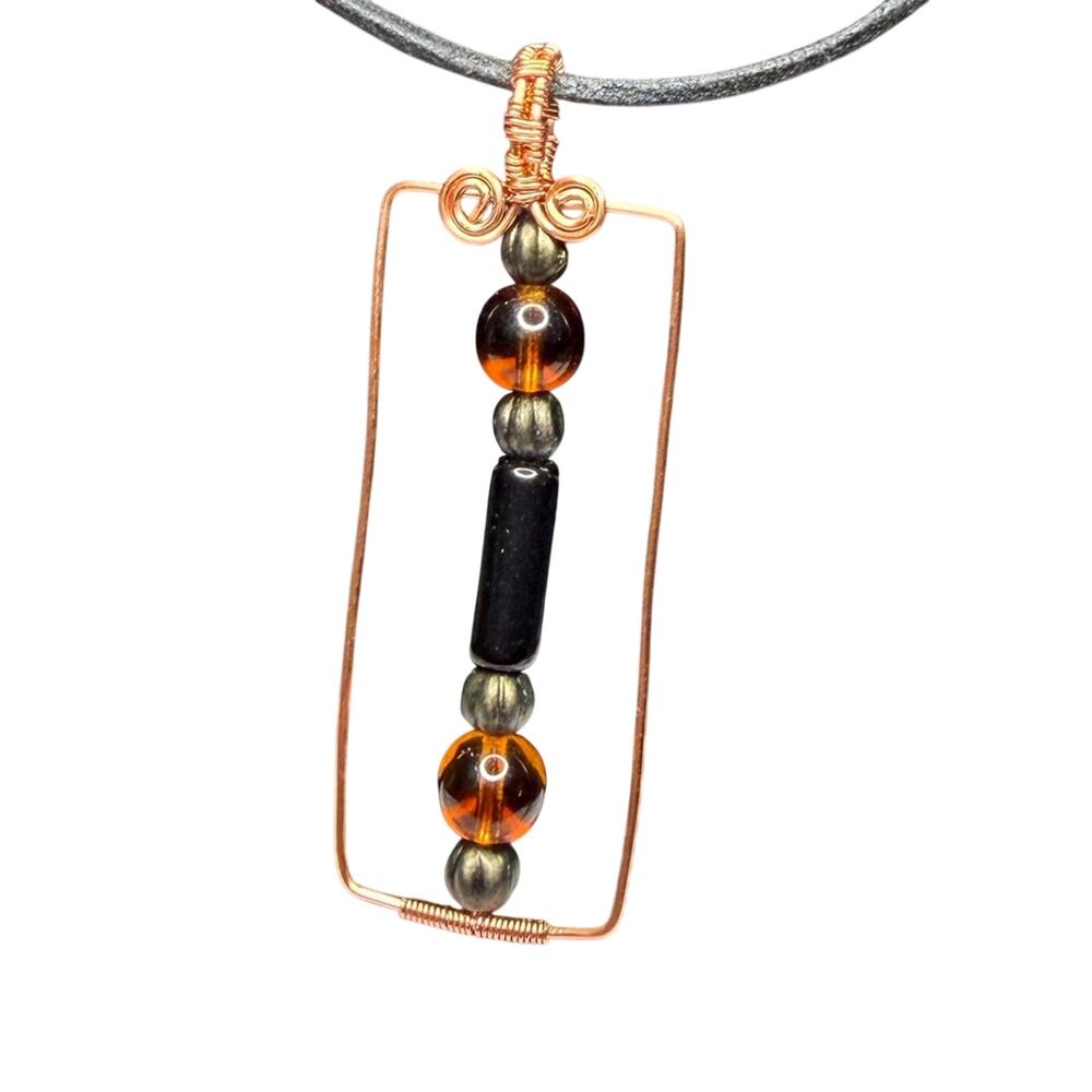 Black obsidian Rectangle handmade copper leather necklace